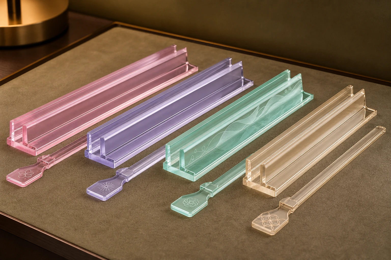 Four acrylic mahjong rack-and-pusher sets in pastel colorways with UV-printed brand logo and laser-engraved monogram customization