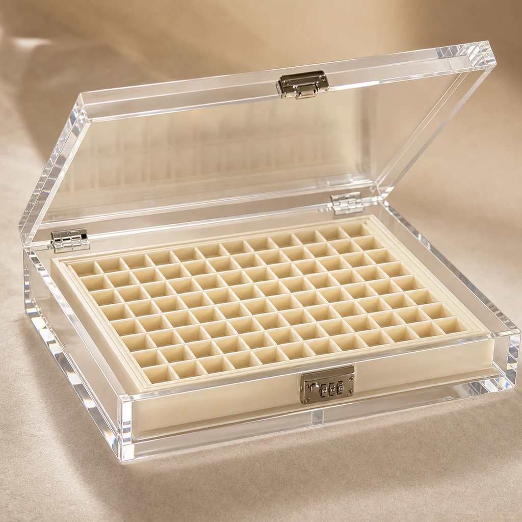 Custom acrylic mahjong display case with one lid open showing 144-tile silicone-cradle insert in cream cast PMMA