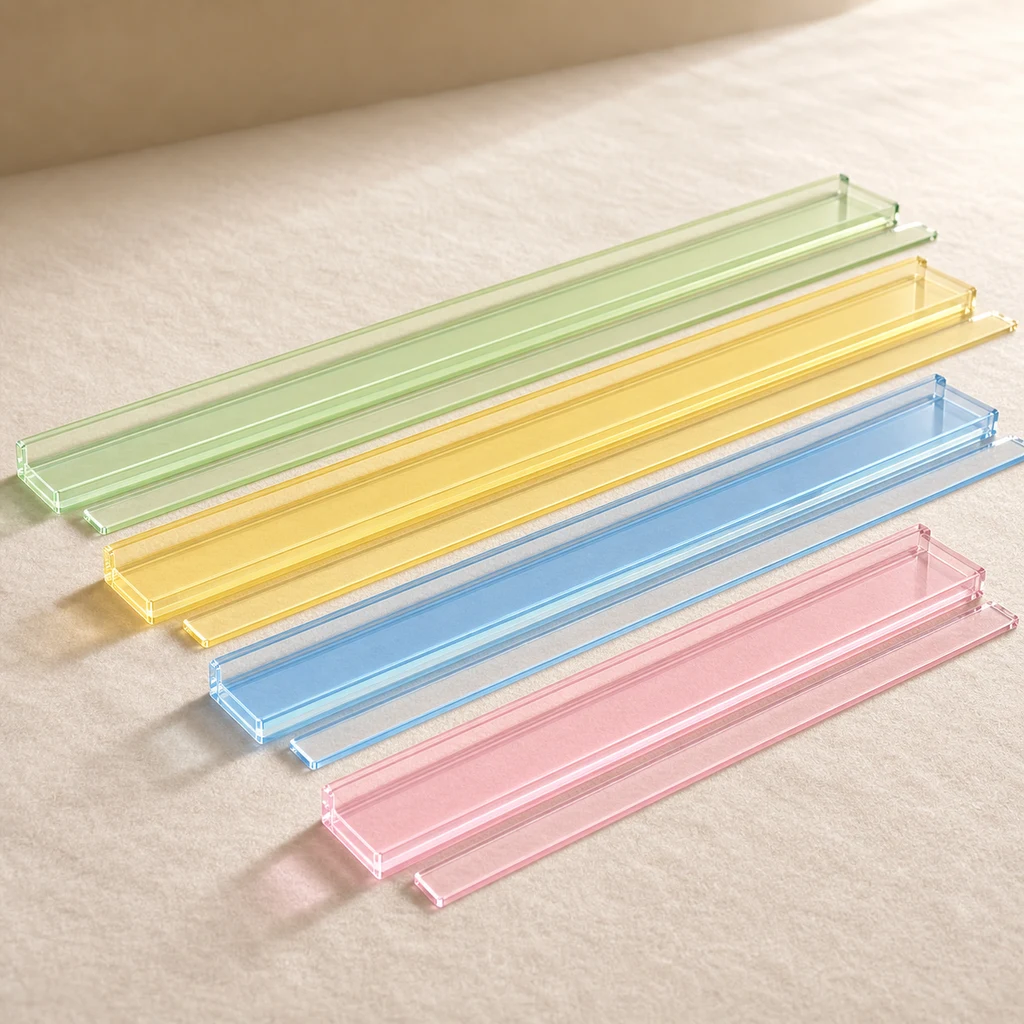 Acrylic mahjong rack-and-pusher set in four pastel colors arranged on a felted lounge surface, 18-inch stack length
