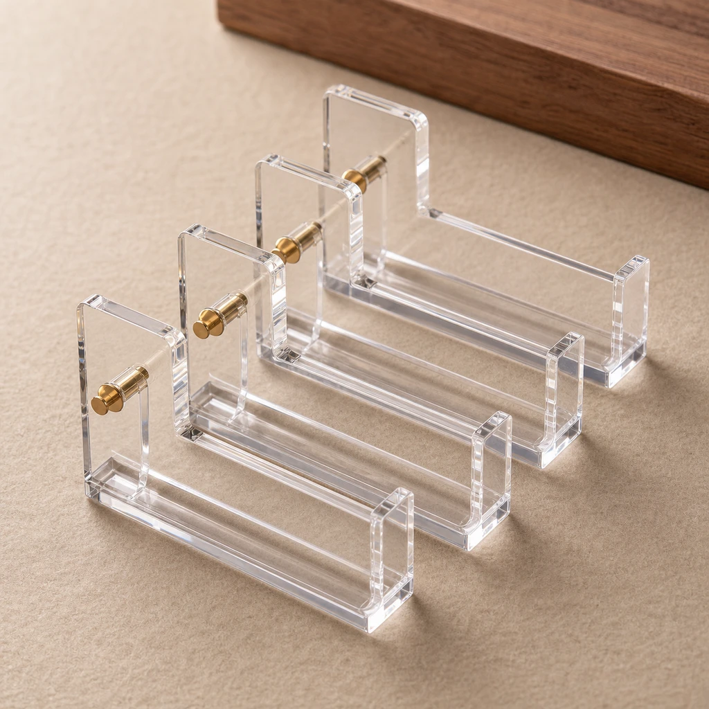 Four-piece clear acrylic rack-and-pusher set in optical cast PMMA with brass-pin pusher integration on neutral studio background