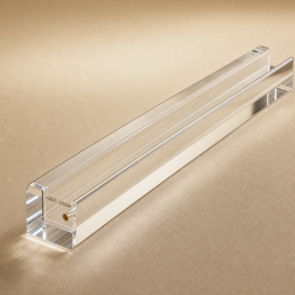 Standalone mahjong rack without pusher arm in clear cast PMMA, traditional 18-inch length, brass-pin slot empty