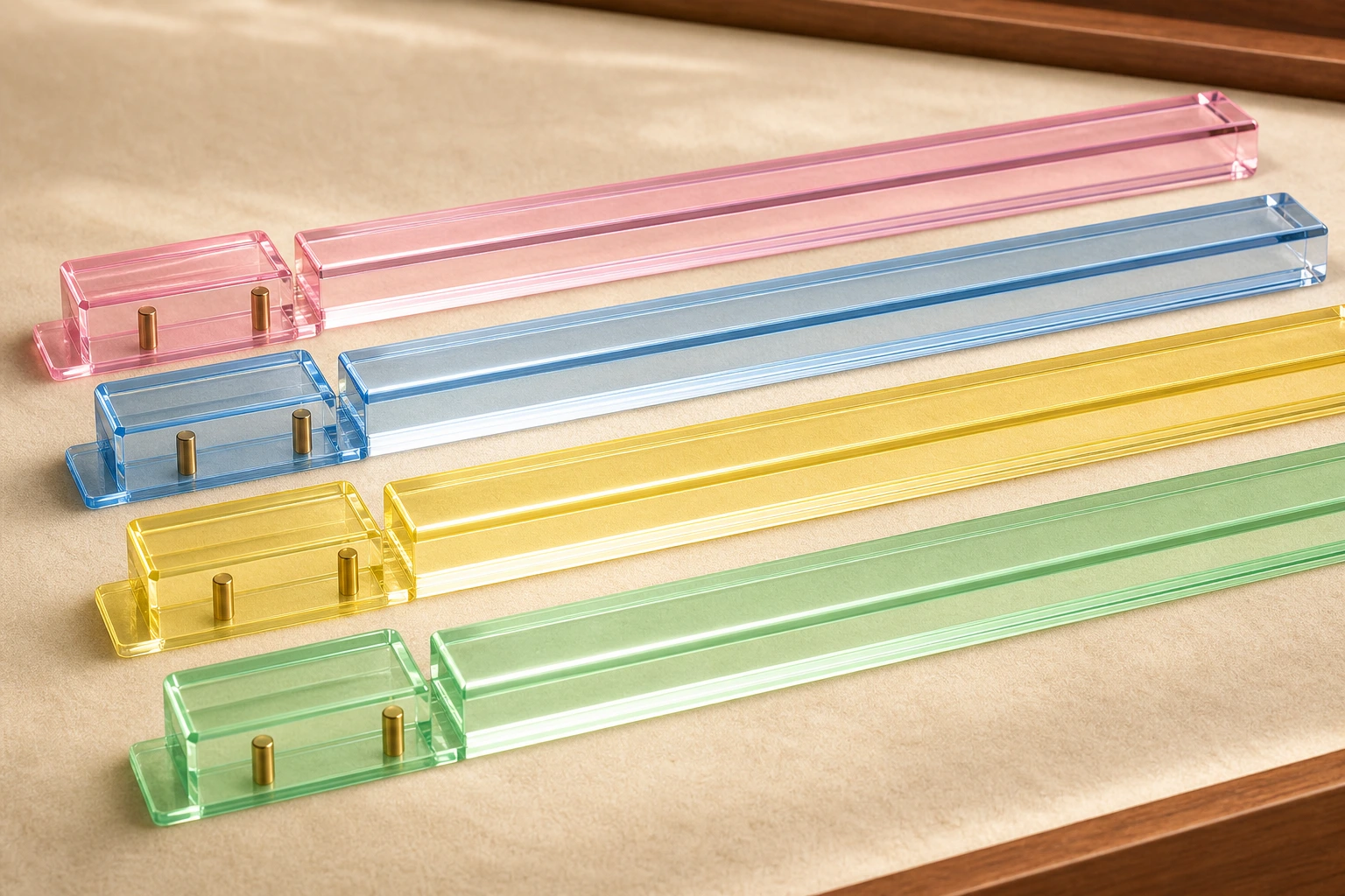 Editorial lineup of custom acrylic mahjong rack-and-pusher sets — four pastel-colored combo pieces arranged on a felted lounge surface in soft directional studio light, brass-pin pusher integration visible