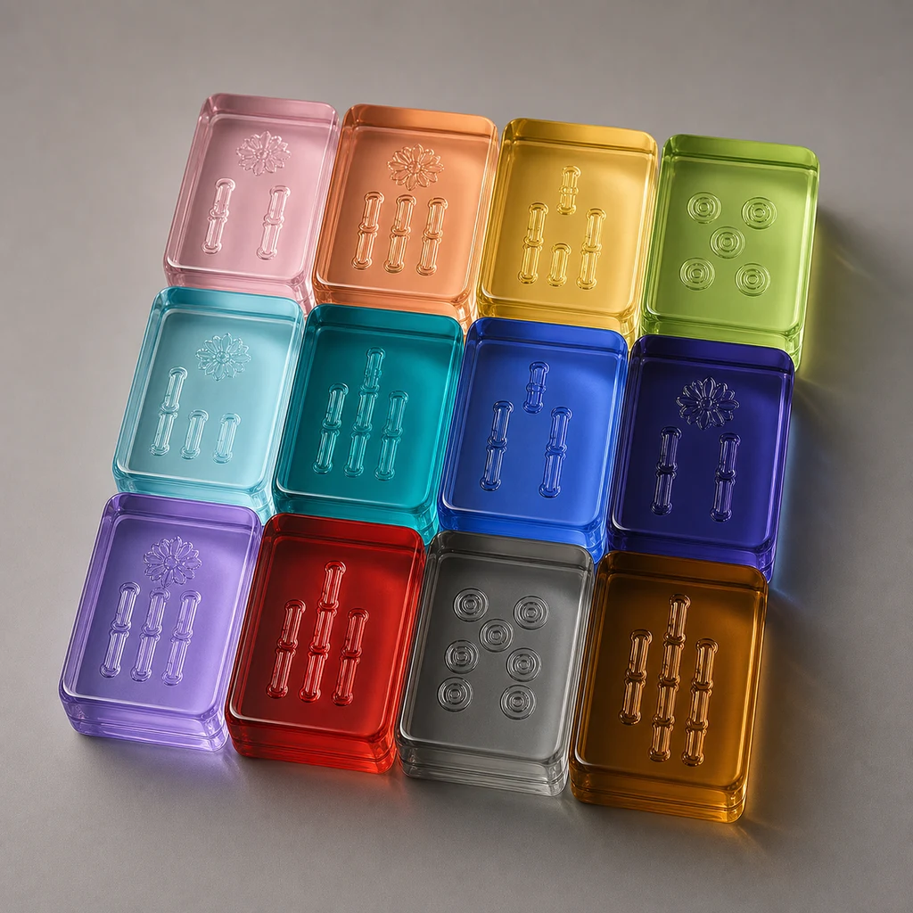 Boutique mahjong colorway run showing twelve different color variations in clean studio lineup