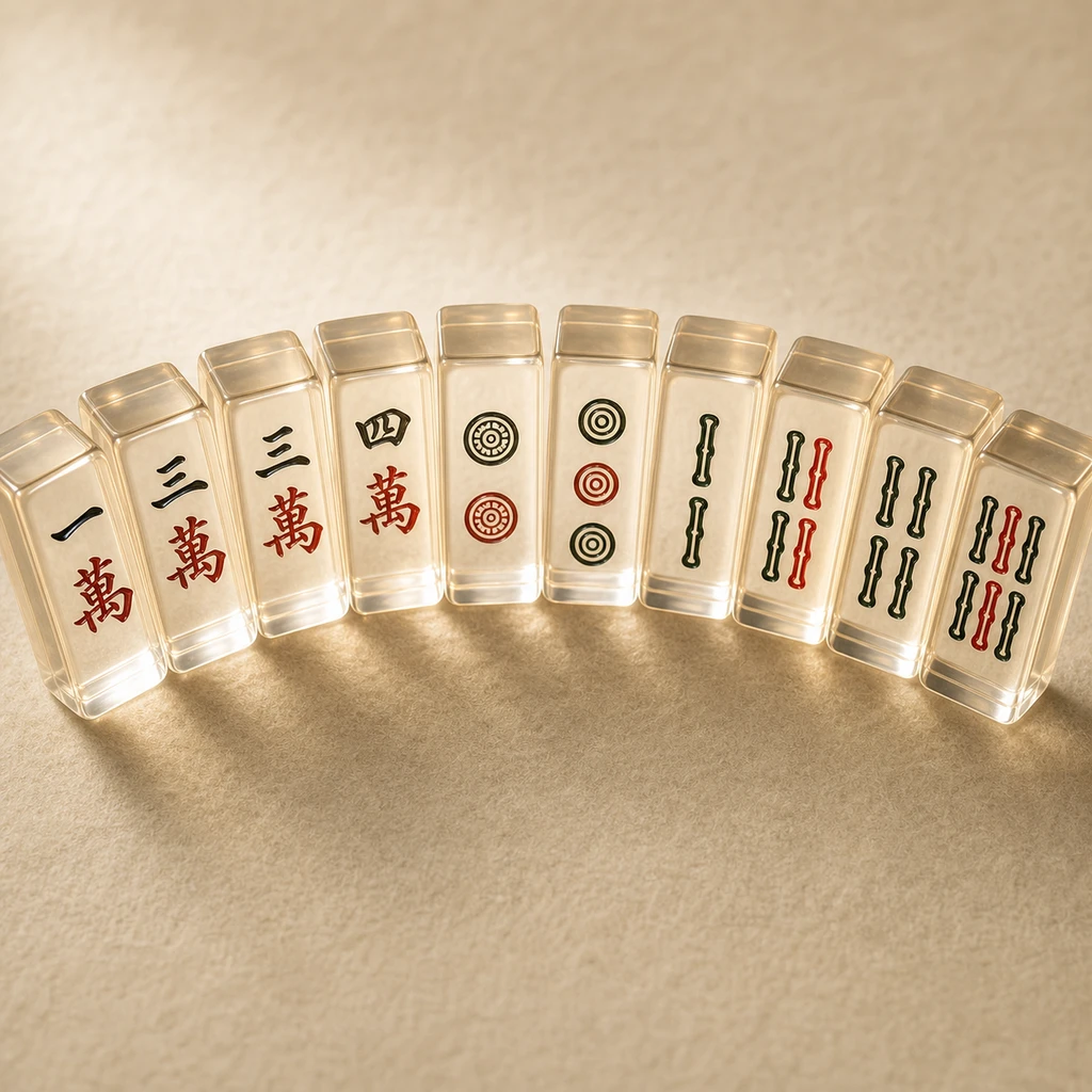 Classic NMJL 152-tile mahjong set in cream-translucent cast PMMA with laser-etched characters and red suit color