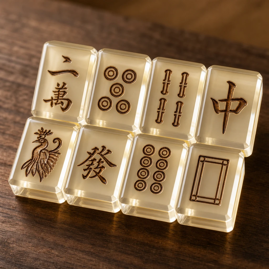 Heritage-style mahjong tiles with deep CNC-engraved characters and walnut accent stain on cream cast acrylic