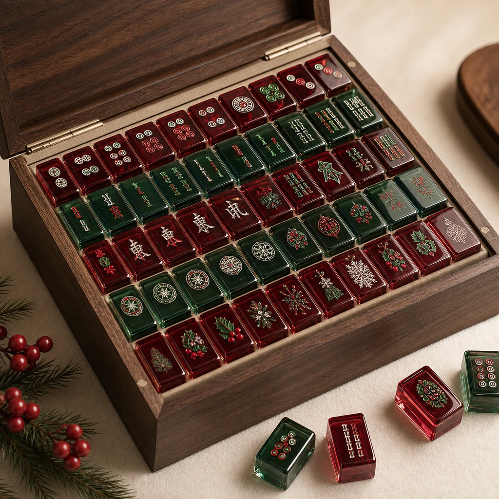 Holiday-edition mahjong tile set with seasonal red and gold colorway and themed Joker tiles in gift-box packaging