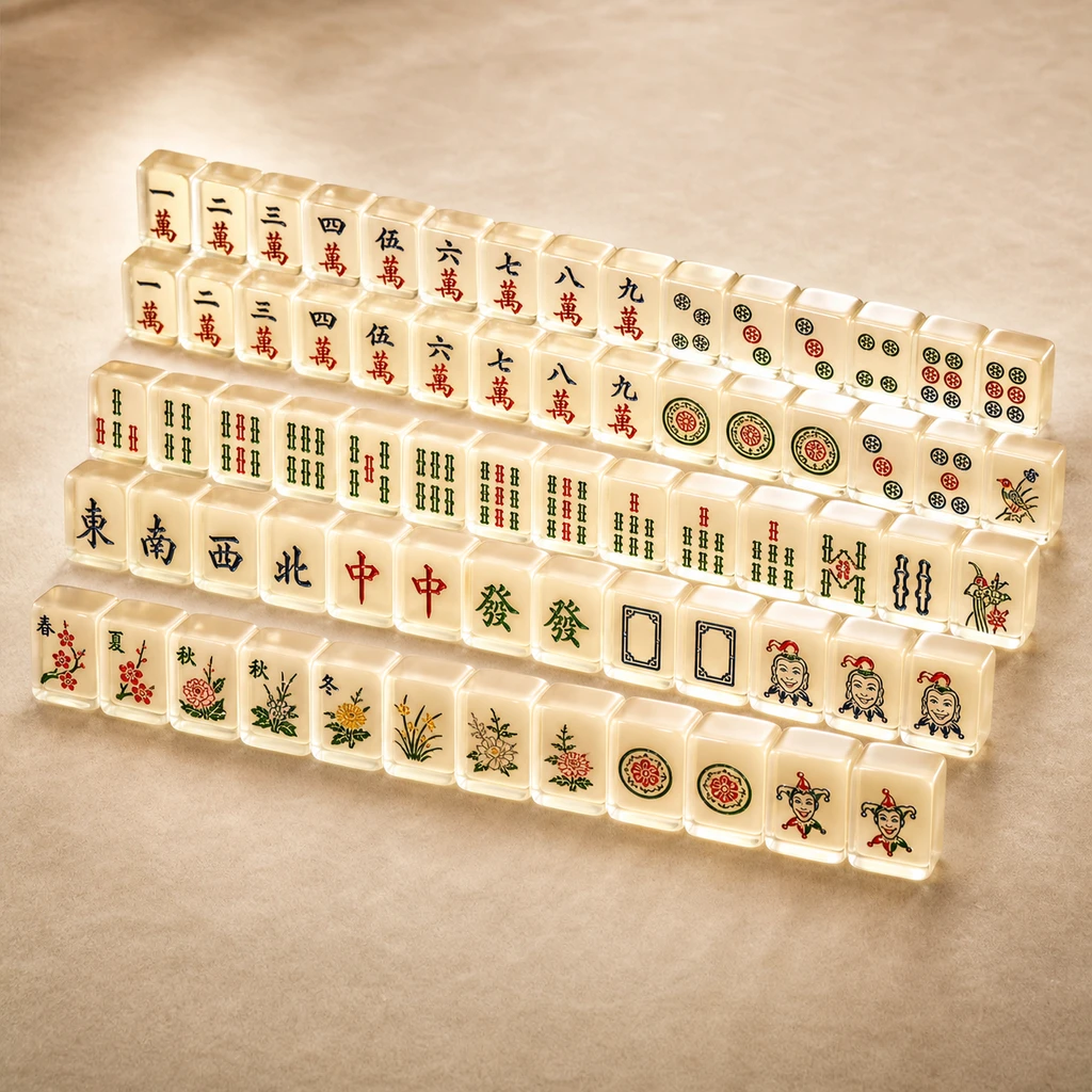 160-tile expanded American mahjong set on a felted lounge table, additional Joker and flower tiles fanned out
