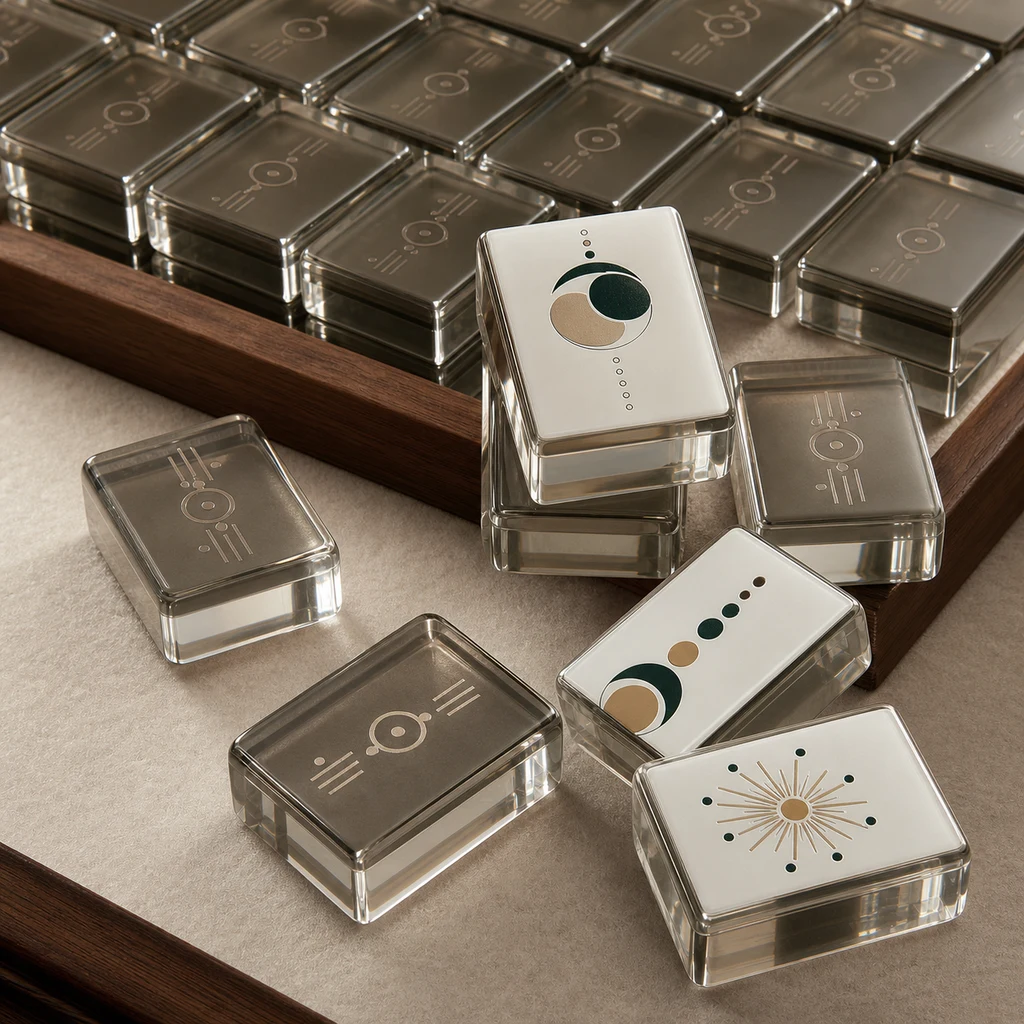 Brand-edition mahjong tile set with custom logo etched on tile backs and brand-color Joker tiles, neutral studio background