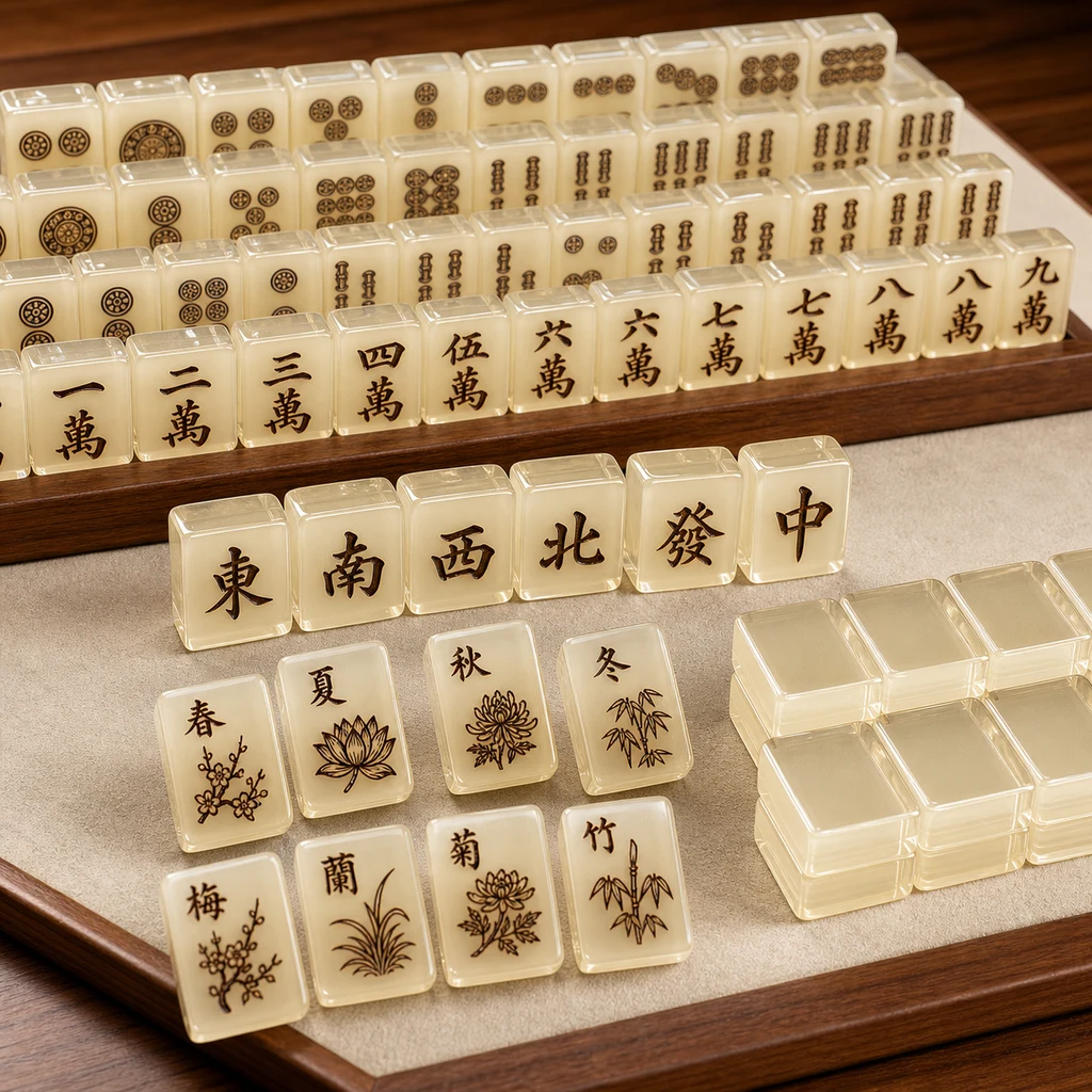144-tile traditional Chinese mahjong set in cream cast acrylic with deep walnut-toned engraved characters