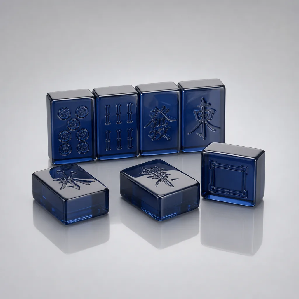 Single-color premium tile set in deep translucent navy four-layer laminated cast PMMA, characters engraved through laminate