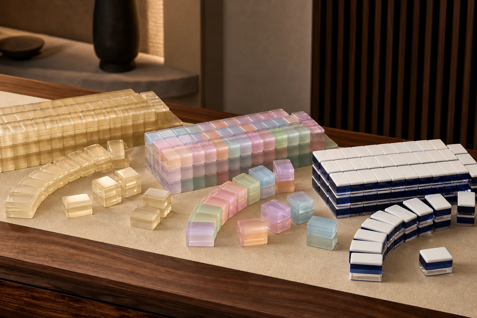 Studio lineup of custom acrylic mahjong tile sets — a 152-tile NMJL American set in cream cast PMMA, a boutique colorway run in pastel translucent acrylic, and a 4-layer laminated premium tier set on a walnut surface