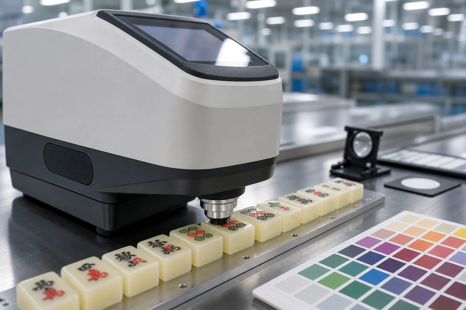 Spectrophotometer QC station measuring color accuracy on freshly UV-printed acrylic mahjong tiles with Pantone reference cards on stainless steel bench