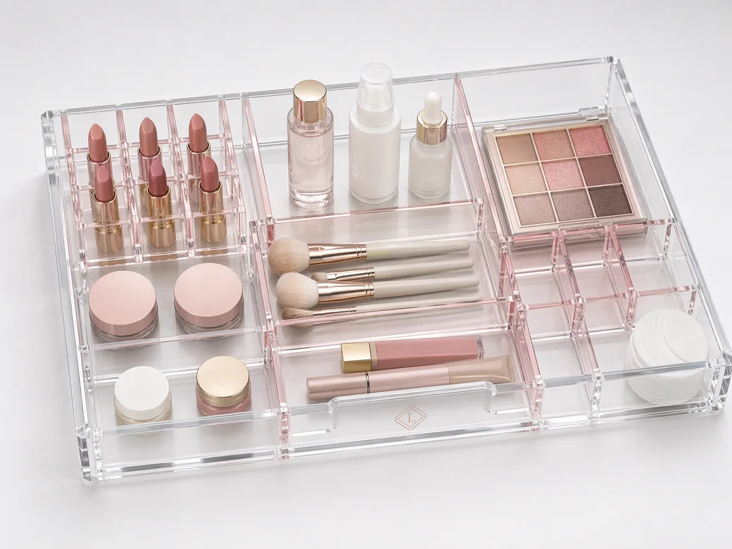 Custom acrylic cosmetics drawer organizer with lipstick slots and palette trays
