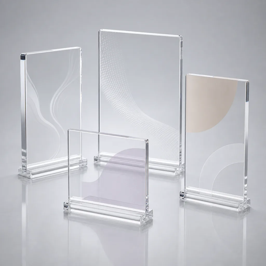 Custom acrylic standees on slot-in bases with gaming, event, and branded graphics