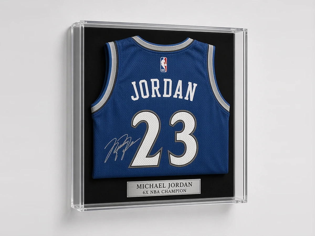 Illustrative basketball jersey shadow-box reference showing a third-party collectible; no endorsement or client relationship is implied
