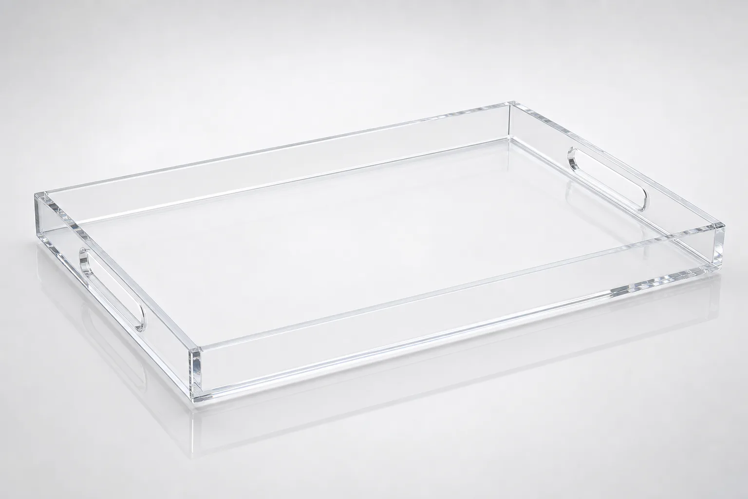 Custom acrylic serving tray with cut-out handles routed into the acrylic body