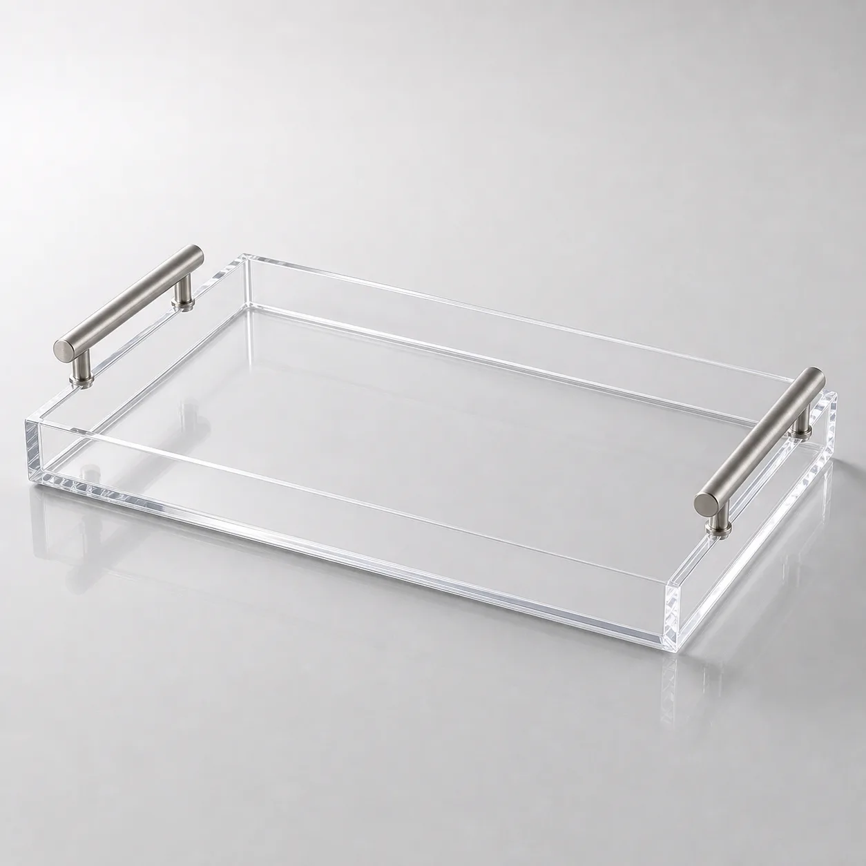 Custom acrylic serving tray with brushed-stainless metal handles for restaurant and hotel service