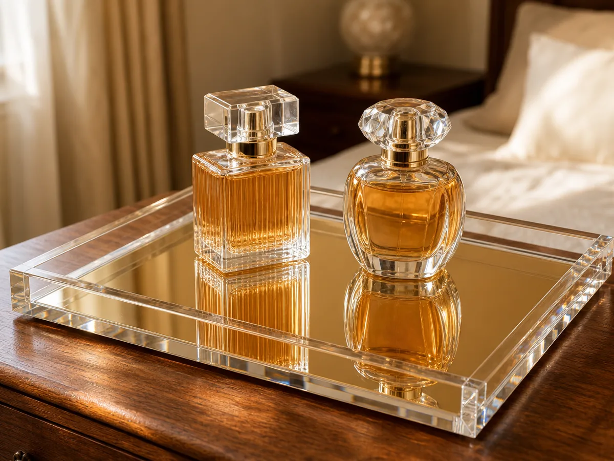 Gold-tone mirrored acrylic vanity tray with perfume bottles reflected in its surface on a dresser