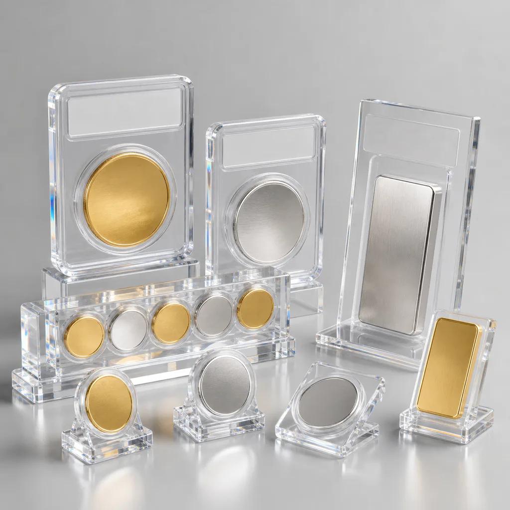 Editorial group shot of clear acrylic coin display cases on a neutral surface — a single-coin slab stand, a multi-slot coin block, and a bullion bar display together, holding graded coins, capsules, and bars
