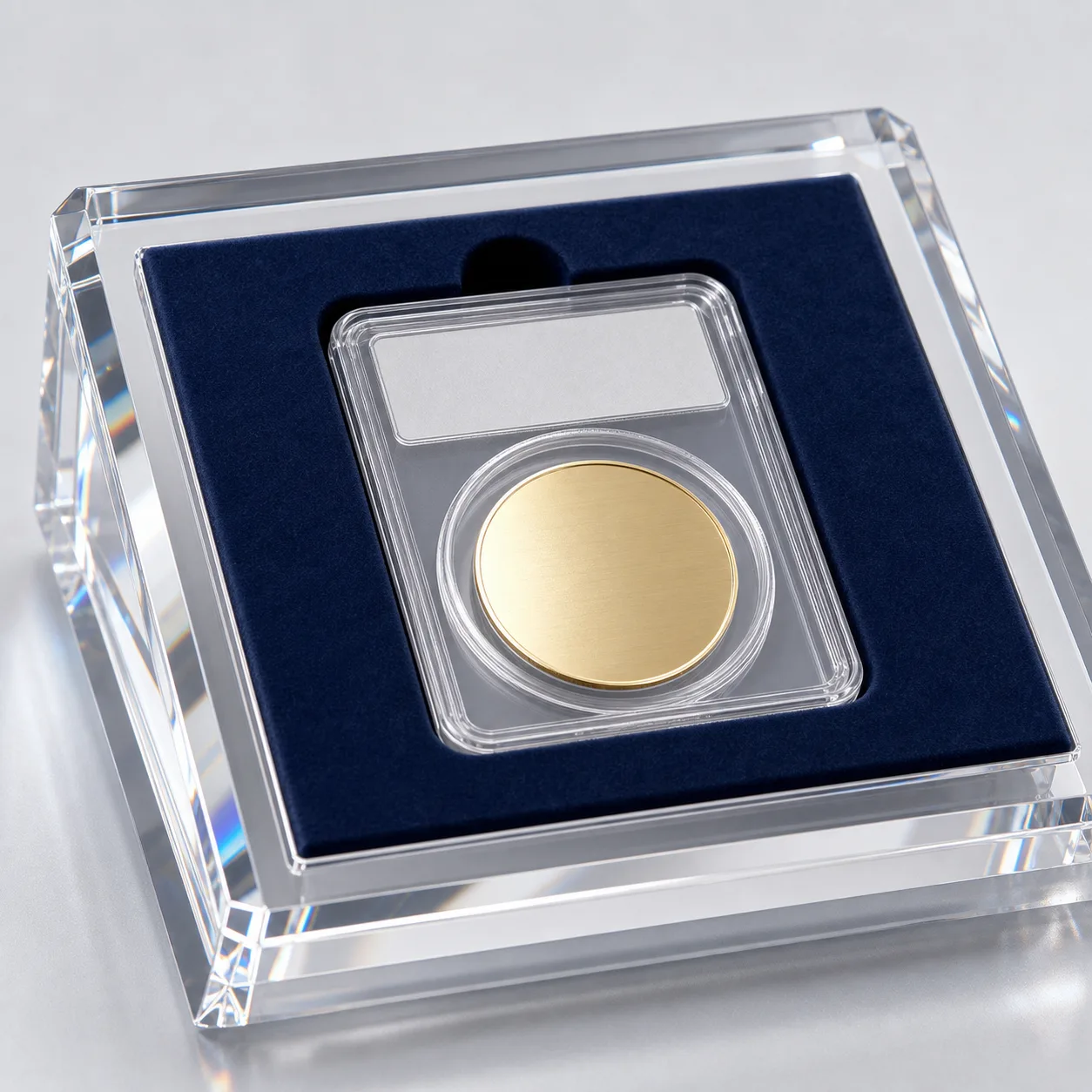 Macro detail of the felt-lined base of a clear acrylic coin display case — a graded coin seated in a dark velvet-lined recess with glossy acrylic walls and a chamfered edge