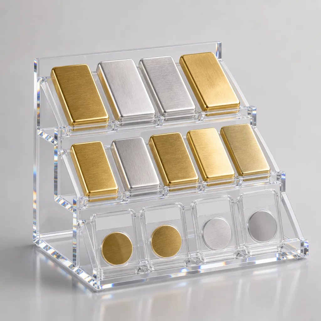 Clear acrylic bullion bar display holding gold and silver bars in angled channel slots
