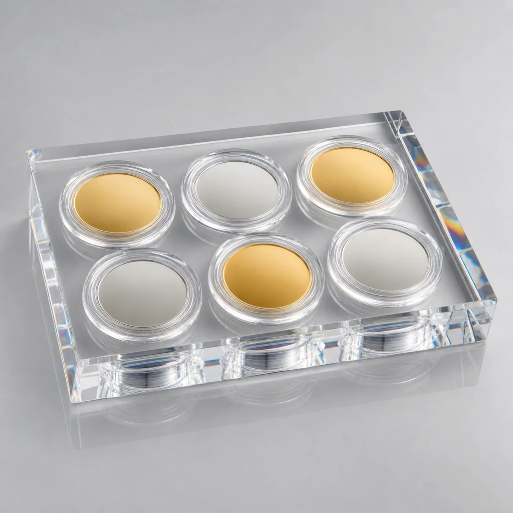 Clear acrylic block with circular recesses sized to hold round coin capsules