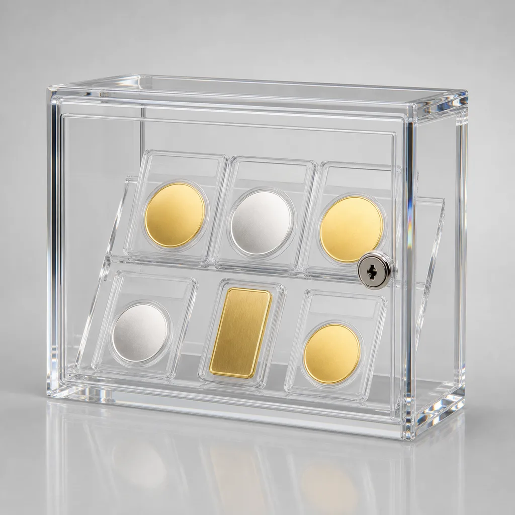 Enclosed clear acrylic lockable coin and bullion case with a flush barrel lock and an internal angled tier of graded coins