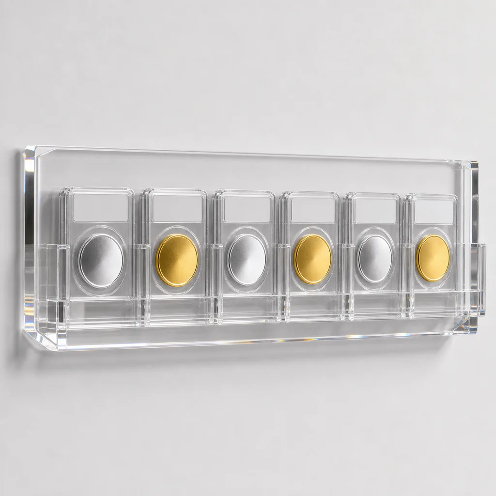 Wall-mounted clear acrylic vertical-slot coin rack panel holding a row of graded coins