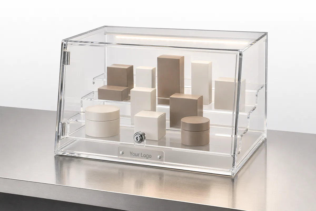 Custom acrylic countertop display case with hinged door and tiered internal shelves on a retail point-of-sale counter