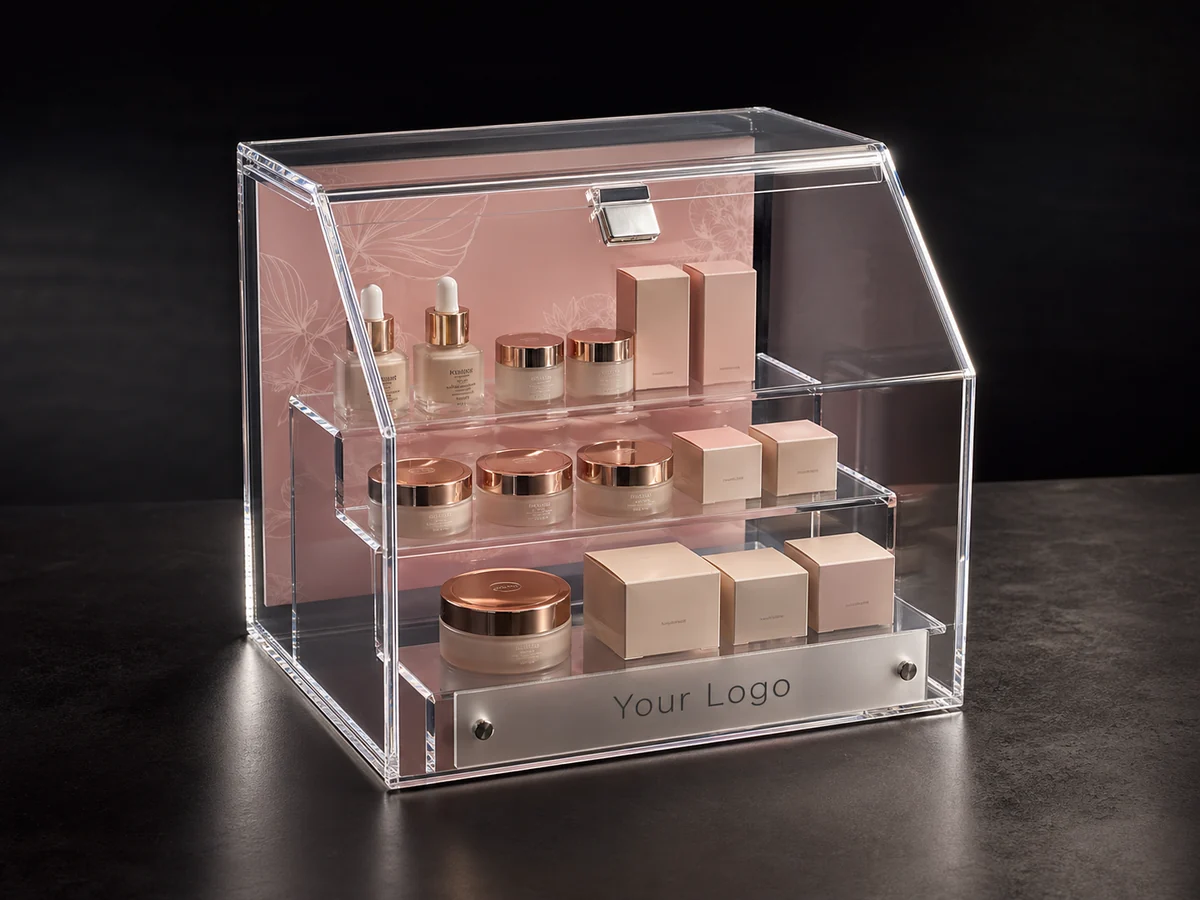 Cosmetics Counter Riser Cases — custom acrylic countertop display case project