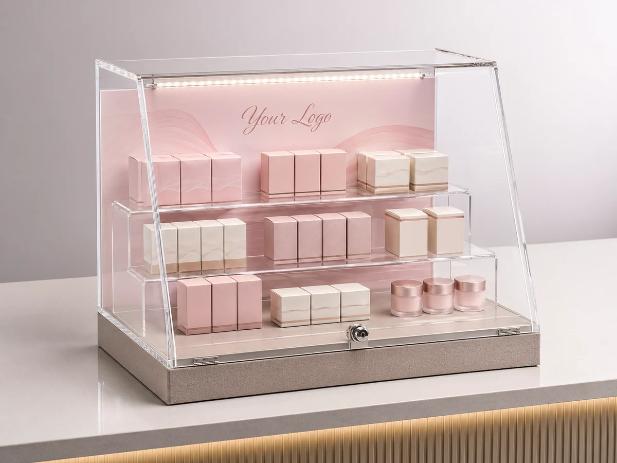 Cosmetics Counter Merchandising — acrylic countertop display case use case