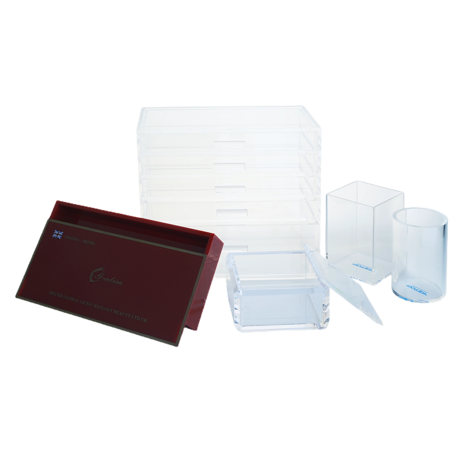 Wetop Acrylic custom fabrication product showcase — displays, boxes, frames, and trophies