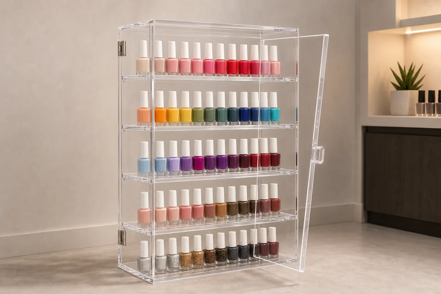 Clear acrylic nail polish display cabinet with a hinged dust-proof front door and five shelves of upright polish bottles