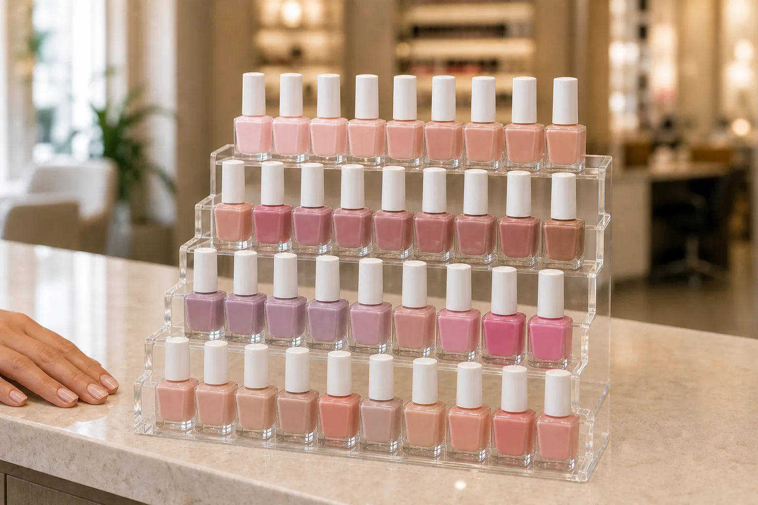 Stepped clear acrylic countertop nail polish display stand holding upright polish bottles on a salon reception counter