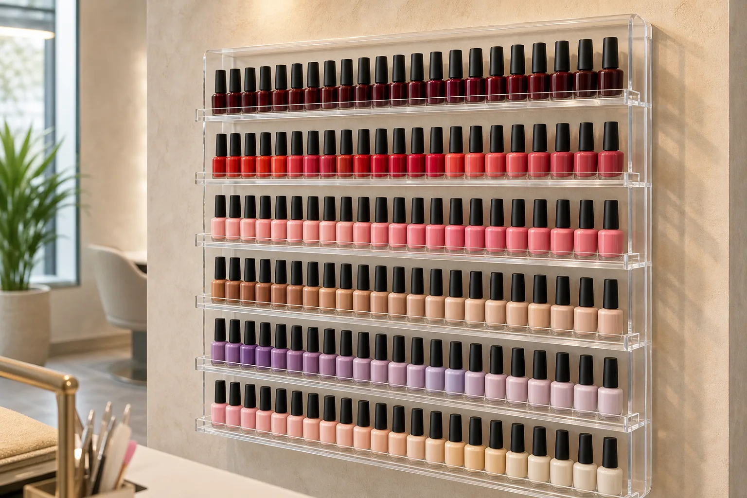 Tiered clear acrylic nail polish display rack wall-mounted in a salon, loaded with upright polish bottles arranged by color family