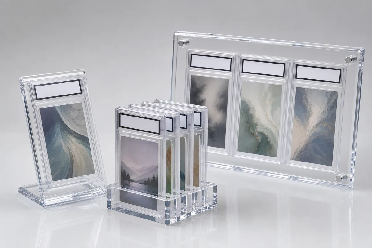Editorial group shot of clear acrylic graded card display cases on a neutral surface — a single-slab desktop stand, a small multi-slot block, and a wall-mount slab panel together, each holding generic encapsulated graded card slabs