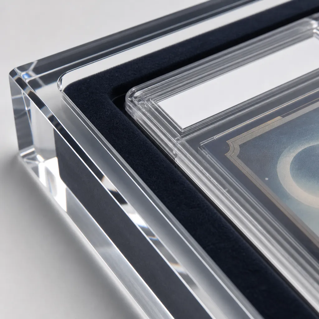 Macro detail of the felt-lined base of a clear acrylic graded card display case — an encapsulated graded card slab seated in a dark velvet-lined recess with glossy acrylic walls and a chamfered edge