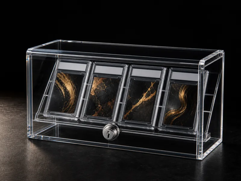 Enclosed clear acrylic lockable graded-card case with a flush barrel lock and an internal angled tier of graded card slabs