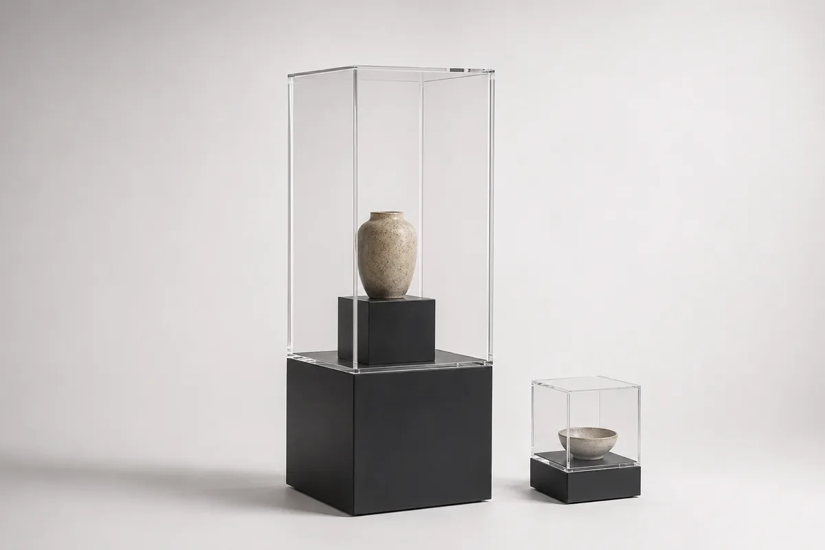 Large floor-standing acrylic display case on a black base with a smaller tabletop case beside it