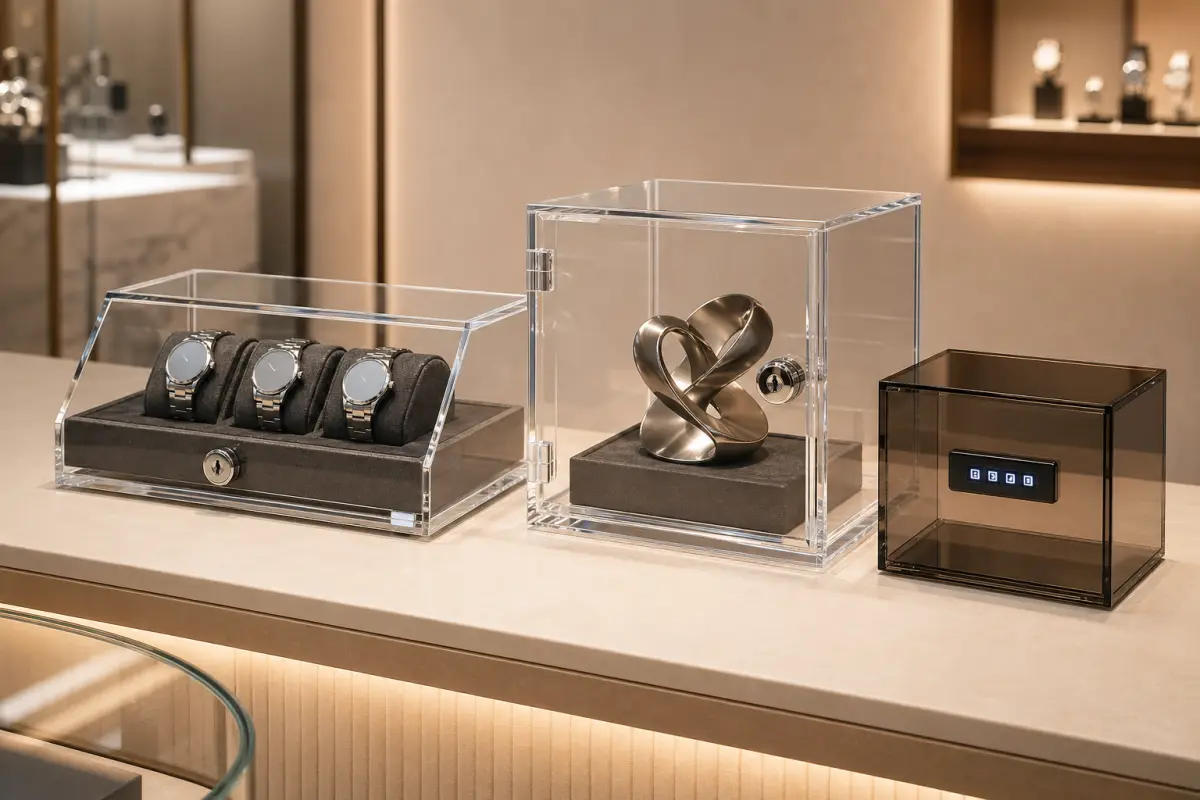 Custom lockable acrylic display cases with cam-lock, tubular, combination, and concealed lock options for retail, museum, and collector applications