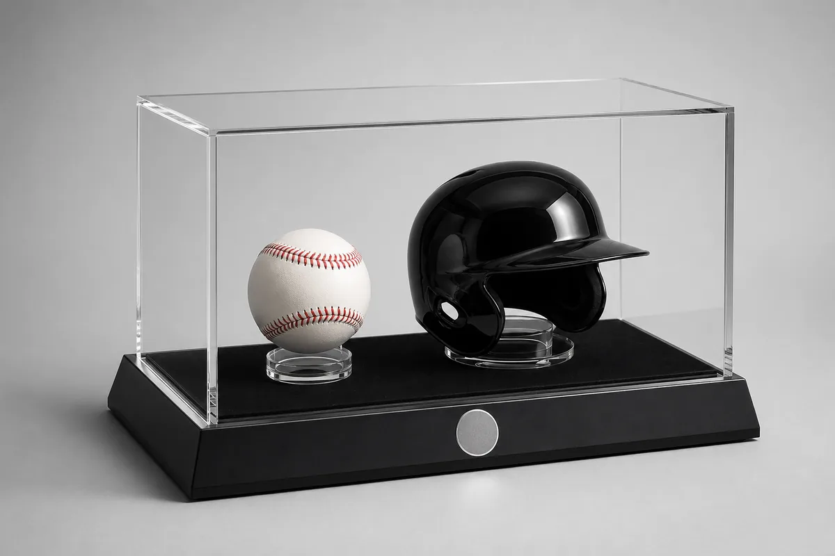 Custom clear acrylic tabletop sports memorabilia display case with baseball and batting helmet on a black base