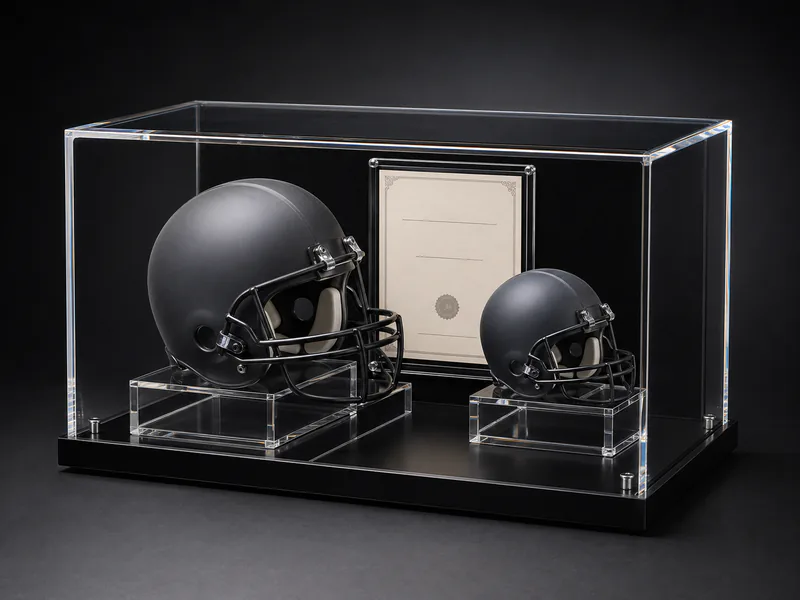 Full-Size + Mini Helmet Dual Cases — custom sports memorabilia display case project