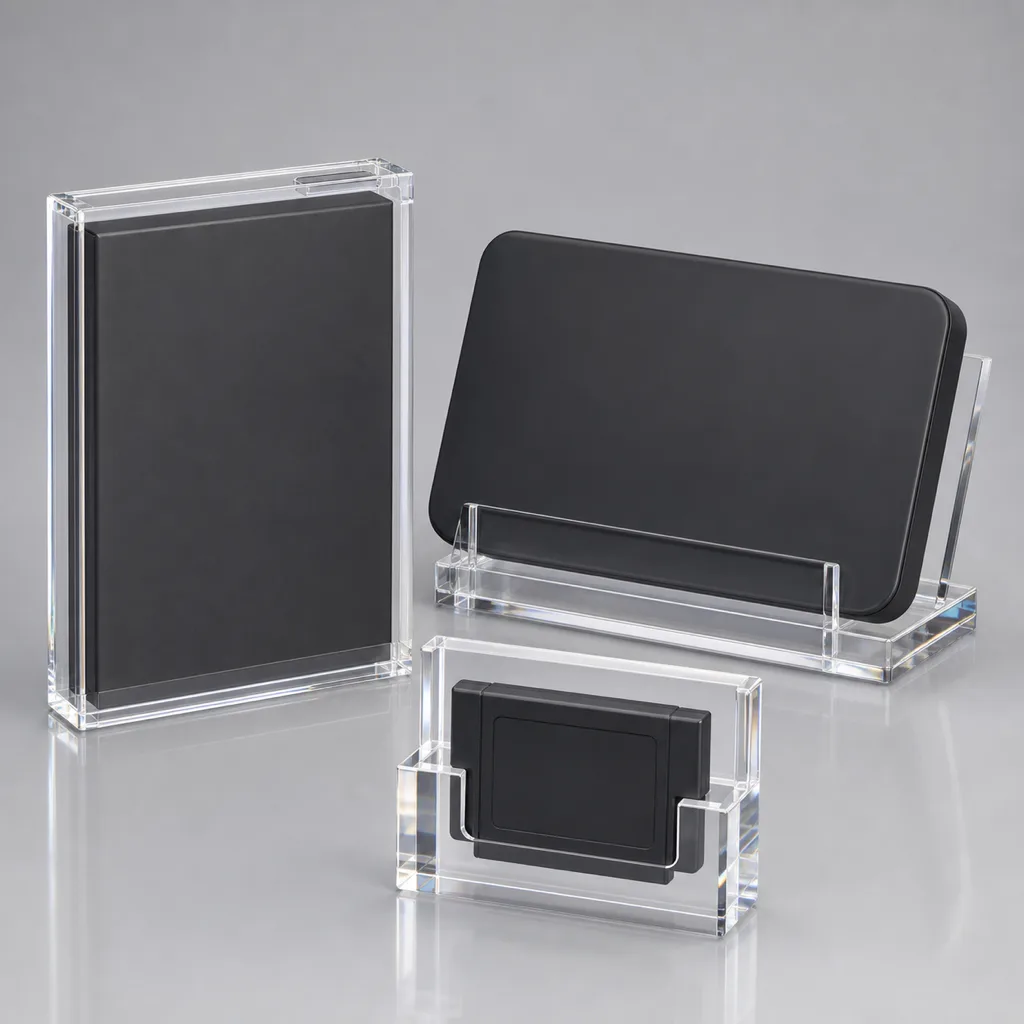 Editorial group shot of clear acrylic video game display cases on a neutral surface — a sealed graded-game case, a retro cartridge block, and a console enclosure together, holding boxed games, cartridges, and a console
