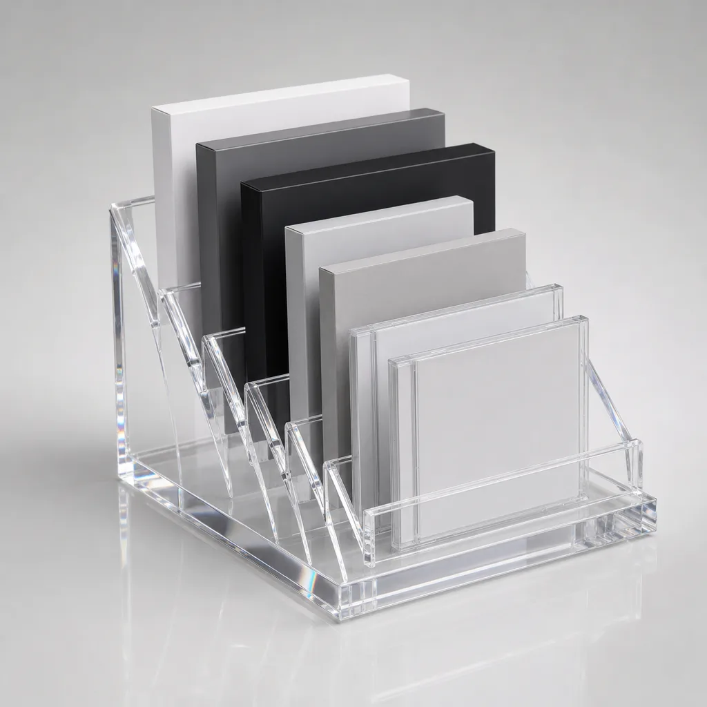 Clear acrylic display holding disc-based games and complete-in-box game sets upright in a row