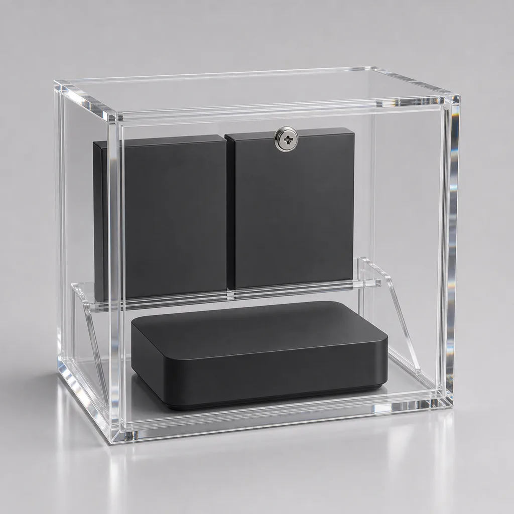 Enclosed clear acrylic lockable game and console case with a flush barrel lock and an internal tier of graded games