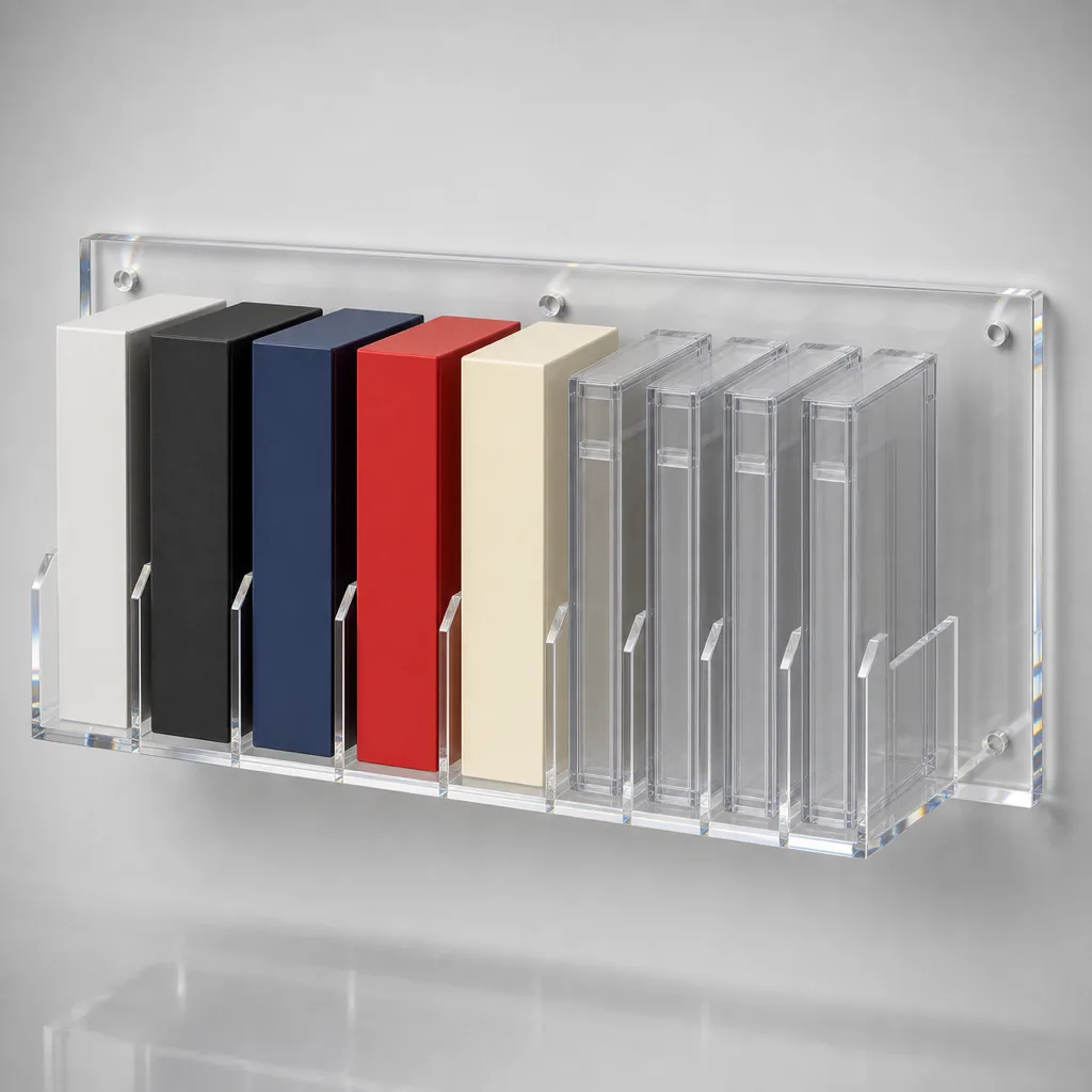 Wall-mounted clear acrylic vertical-slot game panel holding a row of boxed and graded games