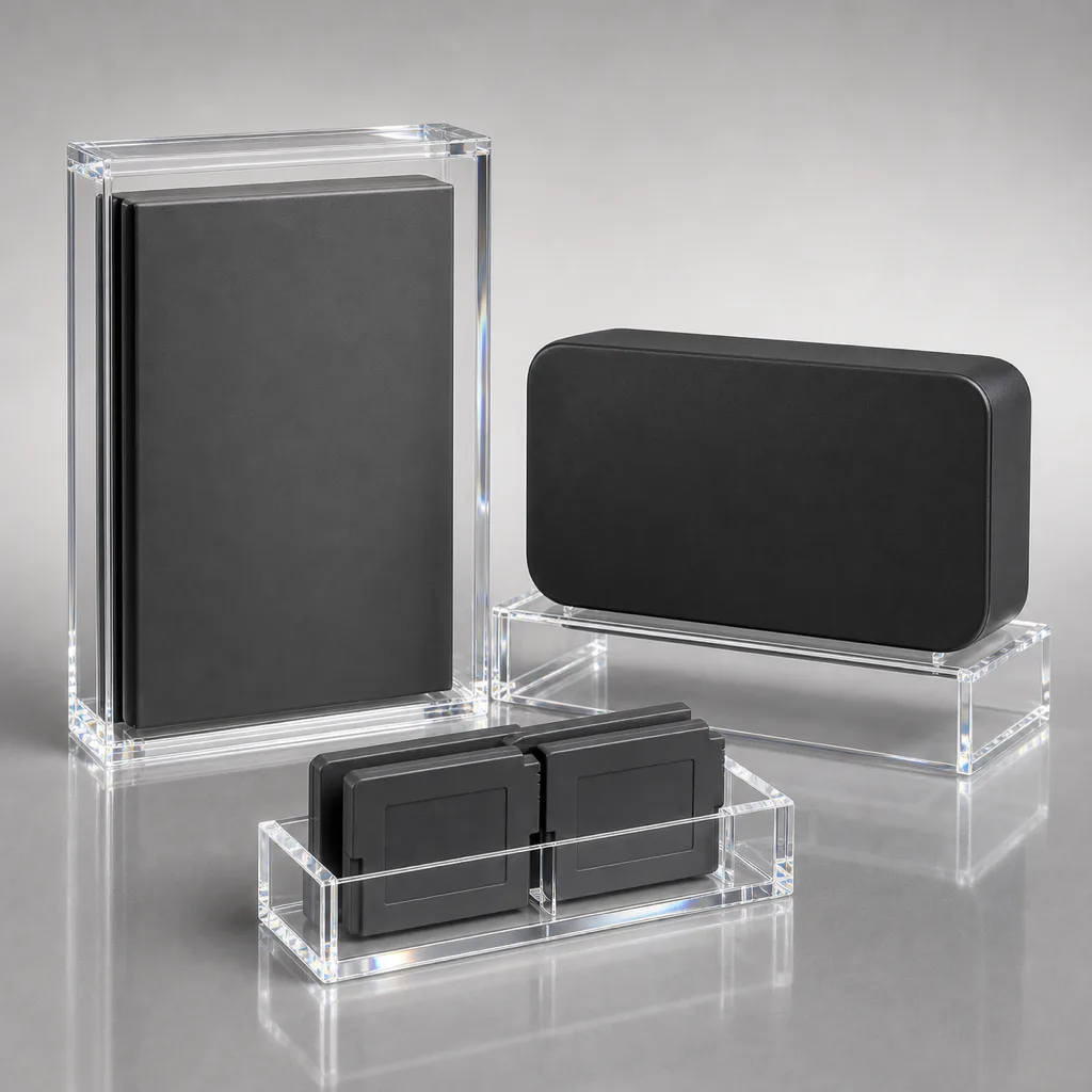Studio lineup of clear acrylic video game display cases — a sealed graded-game case, a retro cartridge block, and a wall-mount game panel, each holding boxed and graded games