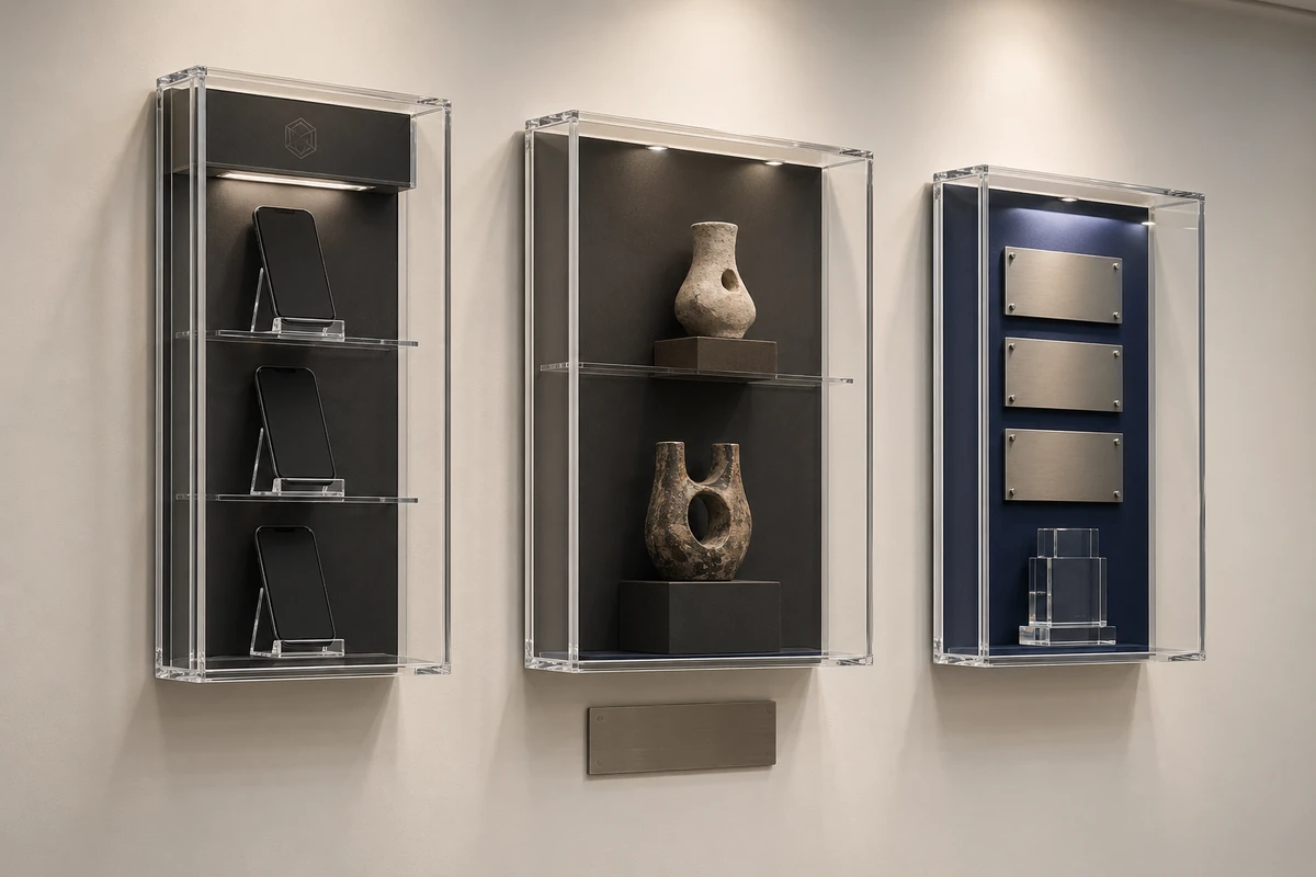 Custom wall mounted acrylic display cases for B2B retail merchandising, museum exhibits, and brand-experience walls with French cleat mount
